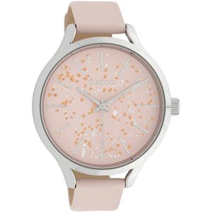 OOZOO Timepieces - Zilverkleurige horloge met zacht roze leren band - C10087