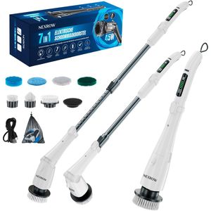 NEXROW Elektrische Schoonmaakborstel - Elektrische Schrobber - Schrobborstel - Poetsmachine voor Badkamer of Keuken - Schoonmaakborstel met 7 opzetborstels - Schuurborstel - Wit