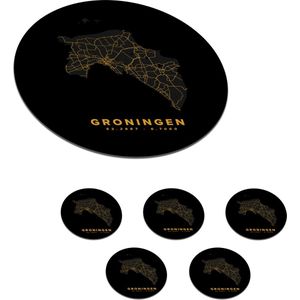 Onderzetters voor glazen - Rond - Groningen - Nederland - Kaart - Black and gold - 10x10 cm - Glasonderzetters - 6 stuks