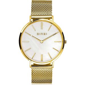 ZINZI Retro horloge witte parelmoer wijzerplaat en geelgoudkleurige stalen kast stalen mesh band geelgoudkleurig 38mm extra dun ZIW448M