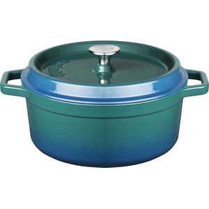 Sola Braadpan Gietijzer - Ø 28 cm - Pan Geschikt voor Inductie - Inclusief Deksel - Extra Zware Bodem - Blauw/Groen