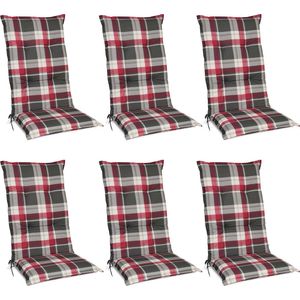 Beautissu Sunny RK – Set van 6 Tuinkussens Hoge Rug 120x50 cm met UV-lichtechtheid Comfortabele Tuinstoel Zitkussen Rood Grijs geruit