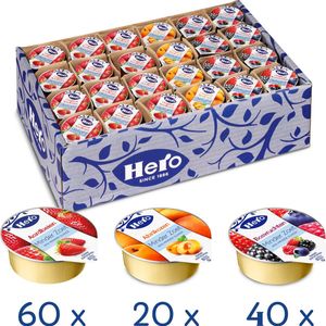 Hero Jam assortiment Minder Zoet - Voordeelverpakking 120 Cupjes van 20 gram - Aardbei, Abrikoos, Bosbes