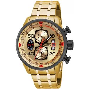 Invicta Aviator 17205 Heren Horloge - Waterdicht - Analoog - Quartz Uurwerk - Roestvrij Staal met gouden Wijzerplaat - 48mm