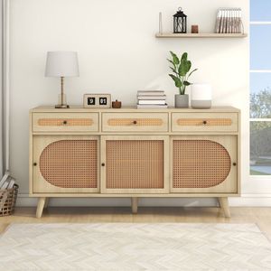 Sweiko Houten dressoir, 140 cm lang, met PE kunststof rotan deur en verstelbare planken, 3 lades, dressoir met 3 schuifdeuren