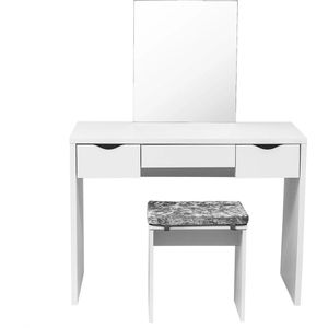 Huis-tuin online - Kaptafel - l100 x 49.5 x 129.5 cm - Wit - - Slaapkamermeubel - Kaptafel Met Kruk 40 x 29.5 x 44 cm (3.5 cm dik kussen)- Make-Uptafel - Tafel Met Spiegel en 3 lades - Cosmetische Kast - Slaapkamer Dressoirs