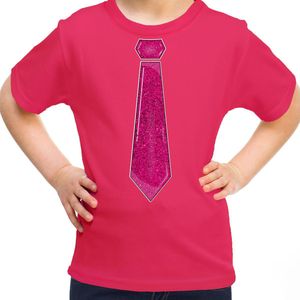 Bellatio Decorations Verkleed t-shirt voor kinderen - glitter stropdas - roze - meisje - carnaval 164/176