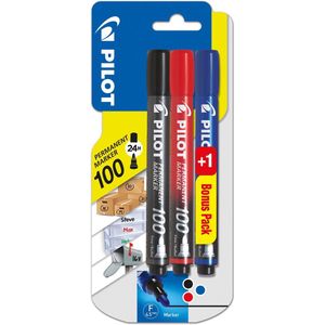 Pilot permanent marker 100, blister met 3 stuks (2 + 1 GRATIS) in geassorteerde kleuren