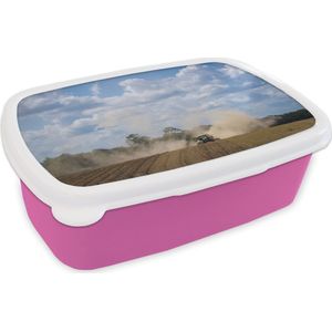 Broodtrommel Roze - Lunchbox - Brooddoos - Tractor - Lucht - Bodem - 18x12x6 cm - Kinderen - Meisje