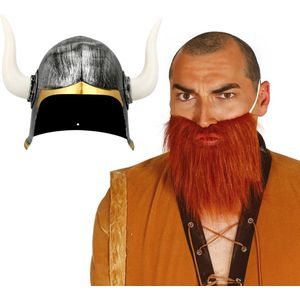 Vikingen verkleed set - 2 delig - heren - vikinghelm met hoorns - nep baard rood