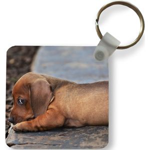 Sleutelhanger - Uitdeelcadeautjes - Teckel puppy ligt op de rand van de stoep - Plastic