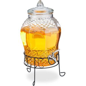 Relaxdays drankdispenser met houder - 8 liter - glas - rvs tapkraan - limonadetap