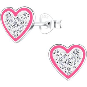 Joy|S - Zilveren hartje oorbellen - 8 mm - roze zilver met kristal - kinderoorbellen