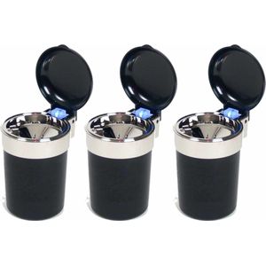 3x Auto asbakje met Led lichtje en deksel zwart 11 x 9 cm - geurvrije anti rook auto asbak