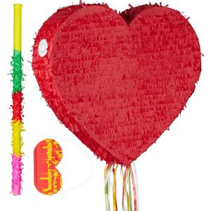 Relaxdays 3-delige pinata set hart - pinatastok - blinddoek - hartpinata rood - liefde