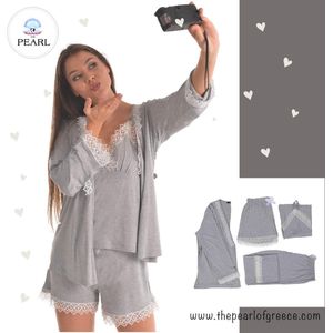 Dames Katoen Pyjama | 4-delige set | Katoen nachtkleding | Katoen nachthemd | Elegant Katoen Ochtendjas | Cadeau voor dames