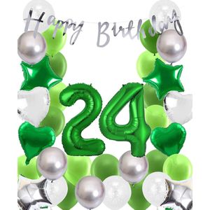 Snoes Ballonnen 24 Jaar Wit Groen Zilver Mega Ballon - Compleet Feestpakket 24 Jaar - Verjaardag Versiering Slinger Happy Birthday – Folieballon – Latex Ballonnen - Helium Ballonnen