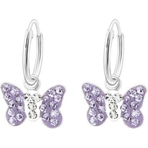 zilveren kinderoorbellen hangend vlinder kristal paars | 44 kristal steentjes | Oorringen Meisje Zilver | Zilverana | Sterling 925 Silver