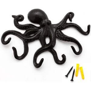Gietijzeren vintage muurhaken, rustieke kapstokken, Octopus muurhaken, zwart met 6 tentakels