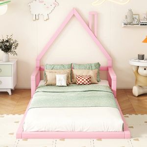 90*200cm kinderbed, plat bed, huisvorm, massief grenen, eenvoudige vorm, roze