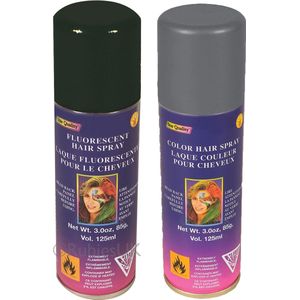 Haarverf/haarspray - 2x - zilver/zwart - spuitbus - 125 ml - Carnaval/halloween