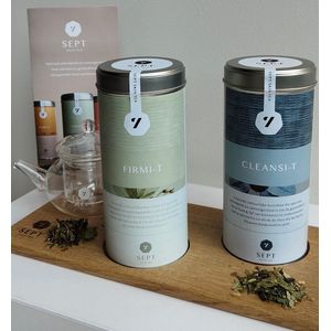 SEPT Skin Tea Kerstcadeau Duet - 2x grootverpakking (kruiden)thee - 1x glazen theepotje - folder - eiken Duet theeplankje