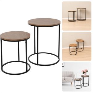 Cheqo® Ronde Salontafel Set met Metalen Frame -Pinewood - Grenen - Set van 2 - 40xH50 cm & 30xH40 cm - Bijzettafel - Tafeltje