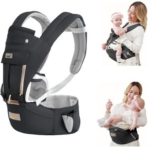 Draagzak, 6-in-1 draagzak voor pasgeborenen vanaf de geboorte, baby's en peuters (3-30 kg), heupzitje baby, ergonomische draagzak met 6 draagposities voor baby's en peuters (zwart)