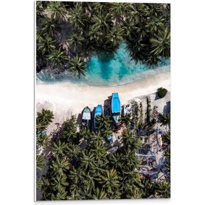 WallClassics - PVC Schuimplaat - Bovenaanzicht van Blauwe Bootjes tussen Palmbomen op Wit Strand - 40x60 cm Foto op PVC Schuimplaat (Met Ophangsysteem)