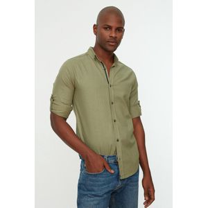 Trendyol Donkergroen Overhemd Met Knoopjeskraag, Epauletten, Slim Fit, Lange Mouwen, 100% Katoen En Linnenlook Tmnss20Go0189
