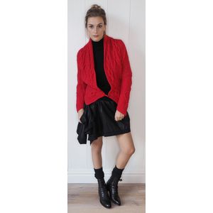 YELIZ YAKAR - Luxe HandGebreid Dames Vest “Athtar” met een sier pin sluiting- rood met lurex - katoen - maat S/36 - designer kleding - kerst - luxecadeau - kerstcadeau voor vrouwen