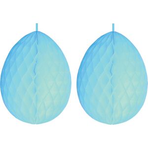 2x stuks hangdecoratie honeycomb paaseieren pastel blauw van papier 30 cm - Brandvertragend - Paas/pasen thema decoraties/versieringen