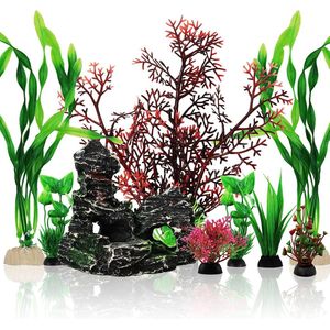 Aquariumplantendecoratie, 9 stuks kunstmatige aquariumplanten, plastic planten, decoratie met grot, ornament verstopplaats voor aquarium, kunstplanten, aquariumdecoratie