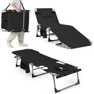 COSTWAY Zonneligstoel met gezichtsopening, opvouwbare ligstoel met verstelbare rugleuning en voetensteun, afneembaar kussen, zijzak, ligstoel voor strand, tuin, balkon, zwart
