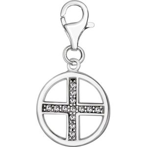 Quiges – 925 - Zilver – Charm - Bedel - Hanger - Kruis in Cirkel Symbool - met – sterling - zilver - karabijnslot - geschikt - voor -Bedelarmband HC177