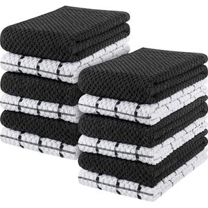 12 Keuken Handdoeken Set - 38 x 64 cm - 100% Ring Gesponnen Katoenen Superzacht en Absorberend Schotelantennes, Theedoeken en Barkrukken Handdoeken (Zwart en wit)