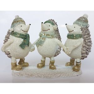 Trio dansende egels met sjaal en muts - Wit / creme / groen / zilver - 13 x 5 x 9 cm hoog