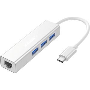 A-KONIC© USB-C Naar Ethernet Lan Netwerk Adapter & 3X USB 3.0 | USB C To Internet RJ45 Poort + 3 USB 3.0 poorten | 10/100/1000 Mbps | Apple Macbook Pro | Dell XPS | Lenovo | Samsung | Chromebook | HP | Zilver