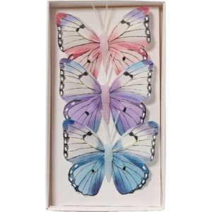 Decoris decoratie vlinders op clip - 3x - ijsblauw - 12 x 8 cm - hobbydecoratieobject