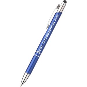 beste brandweerman ever pen - blauw - gegraveerd - Brandweer - collega - pen met tekst - leuke pennen - grappige pennen - werkpennen - stagiaire cadeau - cadeau - bedankje - afscheidscadeau collega - welkomst cadeau - met soft touch