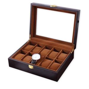 Horlogedoos | Luxe Houten Horloge Box | Geschikt voor Horloges en Sieraden | 10 Compartimenten met 10 Kussentjes | Black