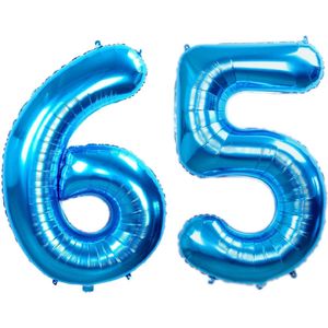 Folie Ballon Cijfer 65 Jaar Blauw Verjaardag Versiering Helium Cijfer Ballonnen Feest versiering Met Rietje - 86Cm