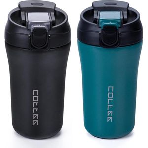 Reiskoffiemok vacuüm geïsoleerd - set van 2 - 400 ml - zwart groen - met deksels en rietjes - herbruikbaar - lekvrij - cadeau voor mannen en vrouwen