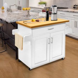 Keukeneiland - Verplaatsbaar - Keukenkast - Dressoir - Organizer - Kasten - Houten Werkblad - 2 Deuren - Wit