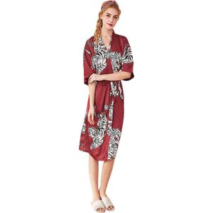 Satijnen kimono – dames – rood – tijgers – Onesize (36-40) Satin- Luxury – satijnen badjas -  100% satijn polyester