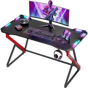 Hoekbureau Gaming Bureau LED Pantser Ergonomisch - 120x60cm Koolstofvezel Z Frame Stabiel Hoofdtelefoonhaak Eenvoudig te Monteren Spelen Studeren Werken Thuis Kantoor Hoekbureau