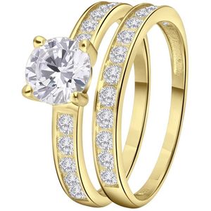 Lucardi Dames Goldplated dubbele ring met zirkonia - Ring - Cadeau - Echt Zilver - Goudkleurig