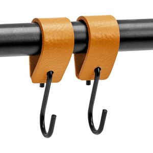 Brute Strength - Leren S-haak hangers - Okergeel - 2 stuks - 12,5 x 2,5 cm – Zwart zilver – Leer - handdoekhaakjes - Ophanghaken – kapstokhaak