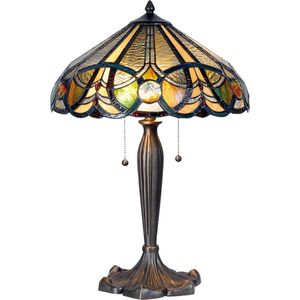 HAES DECO - Tiffany Tafellamp Ø 41x61 cm Beige Groen Glas Driehoek Tiffany Bureaulamp Tiffany Lampen Glas in Lood