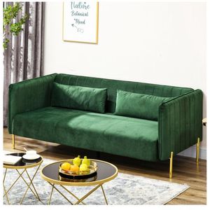 Groene 3-zitsbank met armleuningen, bekleed met fluweel-look stof, inclusief 2 zitkussens, 200 x 88 x 76 cm